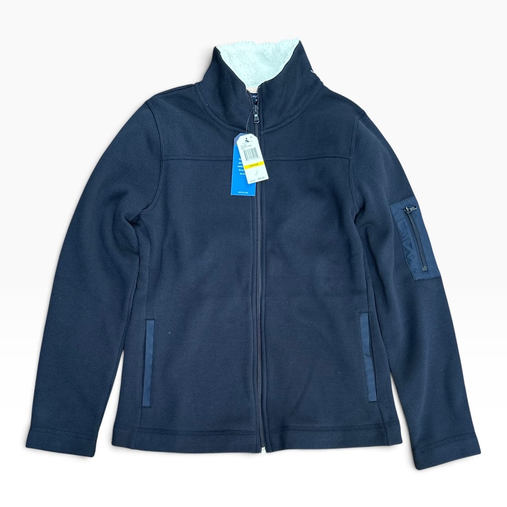 Nautica Woman's Navy Blue Sherpa Full Zip Knitted Fleece Jacket Medium NEW! $70